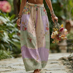Women's Rose Floral Patchwork Casual Resort Linen Blend Pants