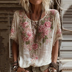 Women's Pink Rose Embroidery Art Round Neck Short Sleeve Linen Blend T-shirt