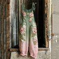 Vintage Pink Roses Contrast Gradient Linen Jumpsuit