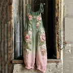 Vintage Pink Roses Contrast Gradient Linen Jumpsuit