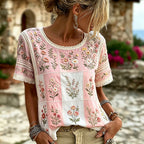 Women's Floral And Lace Art Embroidery Spliced Vintage Casual Short Sleeve Top