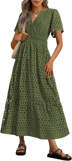 NEW 🔥Womens 2025 Summer Maxi Dress Short Sleeve V Neck Hollow Out Eyelet A Line Dresses