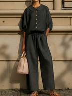 Plus Size Friendly New Arrivals🔥Stylish Peter Pan Collar Shirt And Wide-leg Pant Linen Two-piece Set
