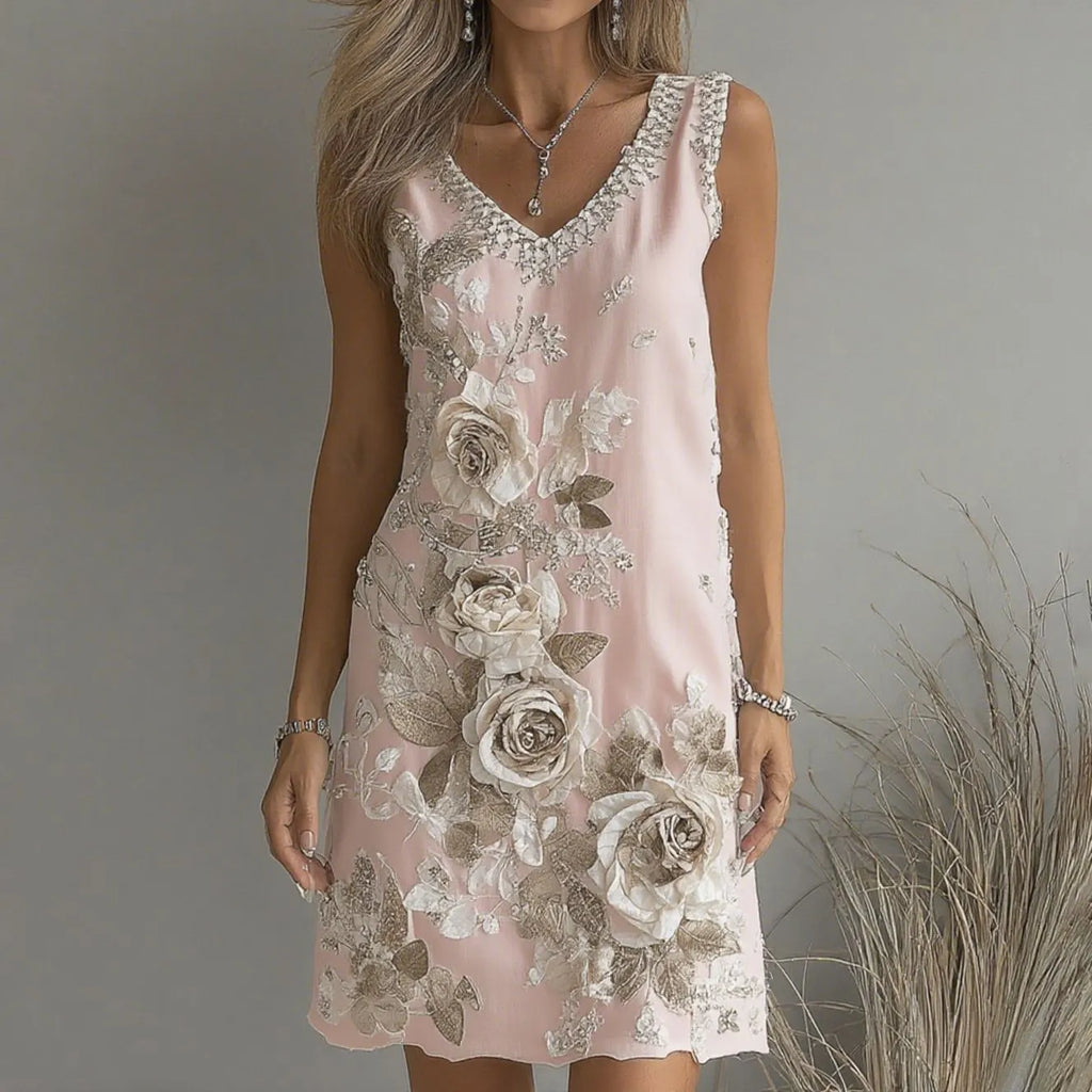 Women's Vintage Rose Art V-neck Sleeveless Mini Dress