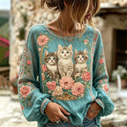 Vintage Fuzzy Cats Boho Floral Flowy Linen Tunic