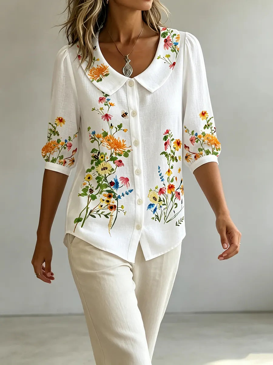 💝💝Cotton and linen shirt with artistic color blocks and lines