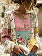 Women's Vintage Floral Patchwork Art Crew Neck Long Sleeve Linen T-shirt