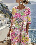 ✨⏰Robe Midi Femme Coton Lin Imprimé Floral Abstrait Poches Manches Courtes