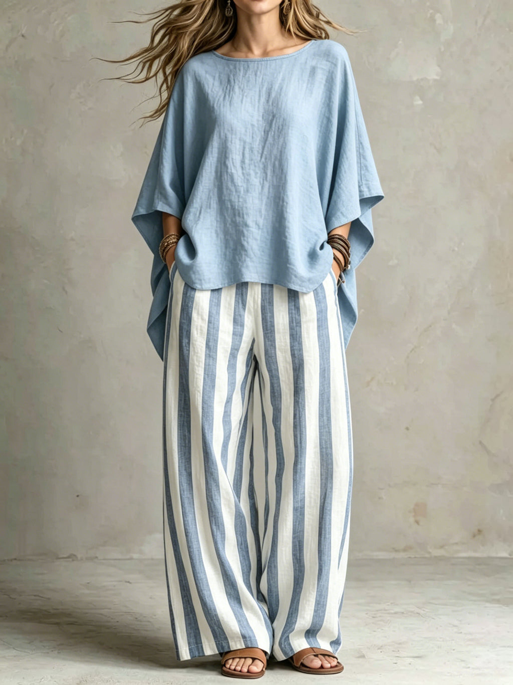 📦📦LAST DAY SAVE 49% ⏰Women Relaxed Linen Stripe Wide-Leg Set