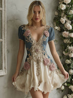 Women's Bohemian Pink Rose Patchwork Art V-neck Short Sleeve Midi Dress