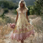 Boho Pink Floral Embroidered Lace Trim Flowy Linen Maxi Dress