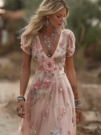 Vintage Boho Pink Roses Art Short Sleeve Maxi Dress