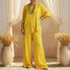 Women's Comfy Linen Blend Flowy Double Layer Design Top And Pants Two-piece Set