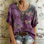 Women's Dragonfly And Floral Art  Flowy Linen Blend Short Sleeve Tops