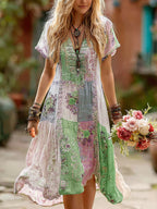 Women's Retro Floral Splicing Cotton And Linen Long Dress