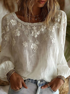 Women's Vintage Floral Art Crew Neck Linen Blend T-shirt