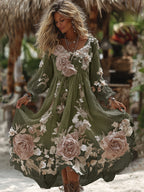 Women's Vintage Romantic White Rose Embroidery Art Comfy Linen Maxi Dress