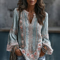 Women's Floral Embroidered Art Print Flowy Linen Blend Casual Tops