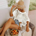 📦📦Short Sleeve Crochet Sweater Lightweight Summer Tops Loose Hollow Out Crewneck Pullover