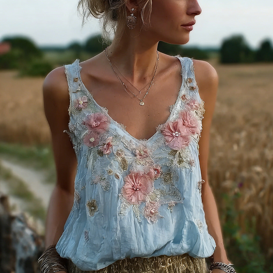 Bohemian Retro Pink Floral Pattern Women's Sleeveless Thin Shoulder Strap Vest
