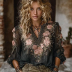 Bohemian Style Pink Rose Black Casual V-neck Long Sleeved Top