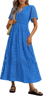 NEW 🔥Womens 2025 Summer Maxi Dress Short Sleeve V Neck Hollow Out Eyelet A Line Dresses