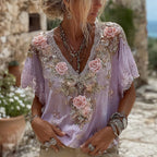 Women's Pink Roses Embroidered Art V-neck Short Sleeve Linen Blend T-shirt
