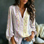 Women's Pink Floral Art Embroidery Spliced Striped Comfortable Cotton Linen V-neck Long Sleeve Top