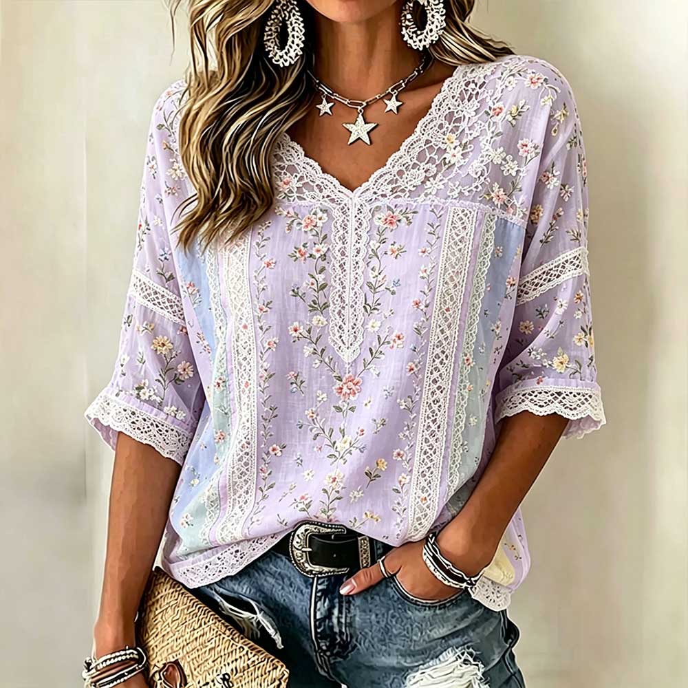 Vintage-inspired Small Floral And Lace Embroidery Patchwork Art Comfortable Linen Blend V-neck Top