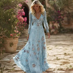 Vintage Boho Roses Embroidered Flowy Linen Maxi Dress