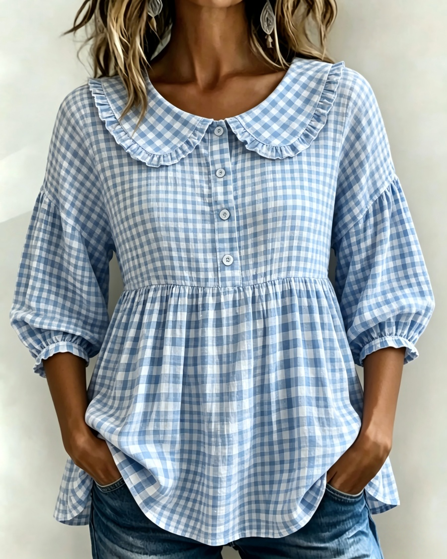 📦📦LAST DAY SAVE 49% ⏰Women's Gingham Puff Sleeve Peplum Blouse
