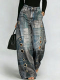 Abstract Geometric Print, Perforated Metal Detail, Draped Wide-leg Jeans