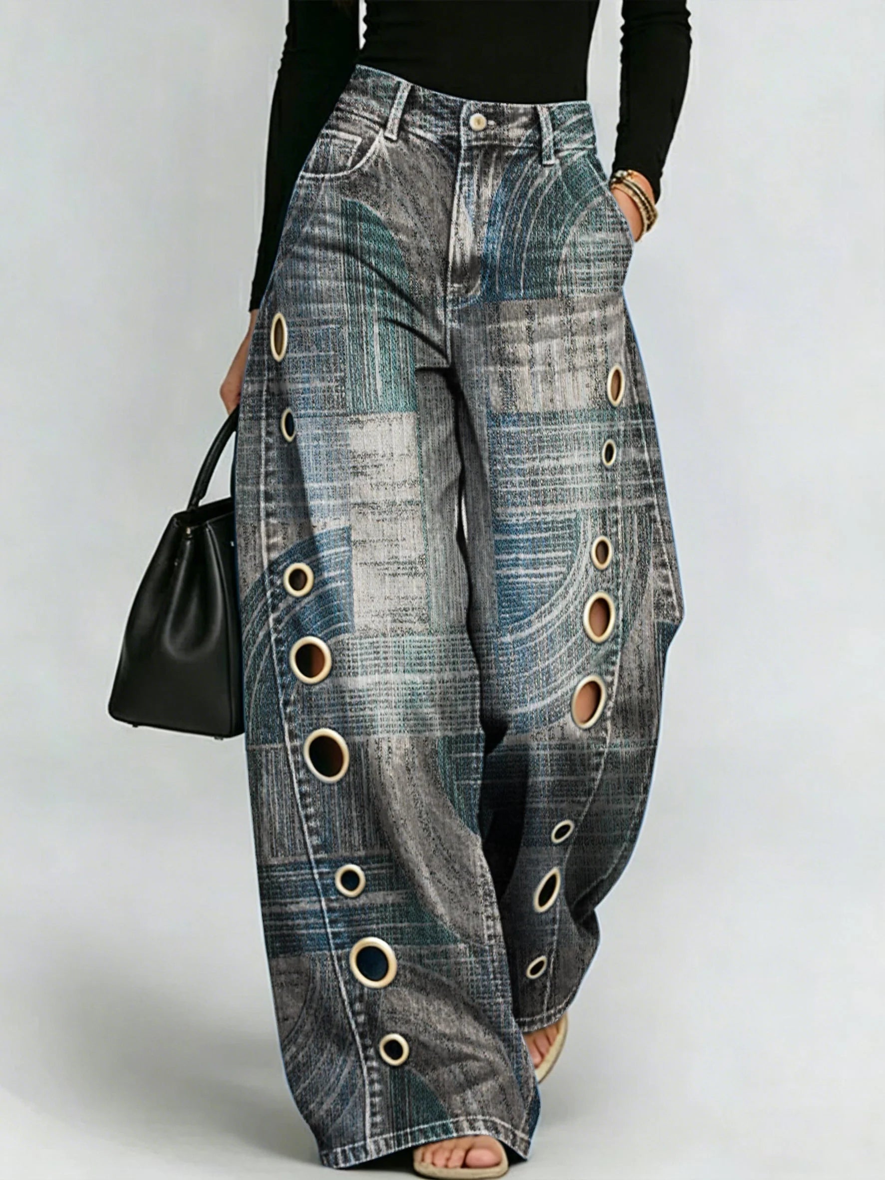 Abstract Geometric Print, Perforated Metal Detail, Draped Wide-leg Jeans
