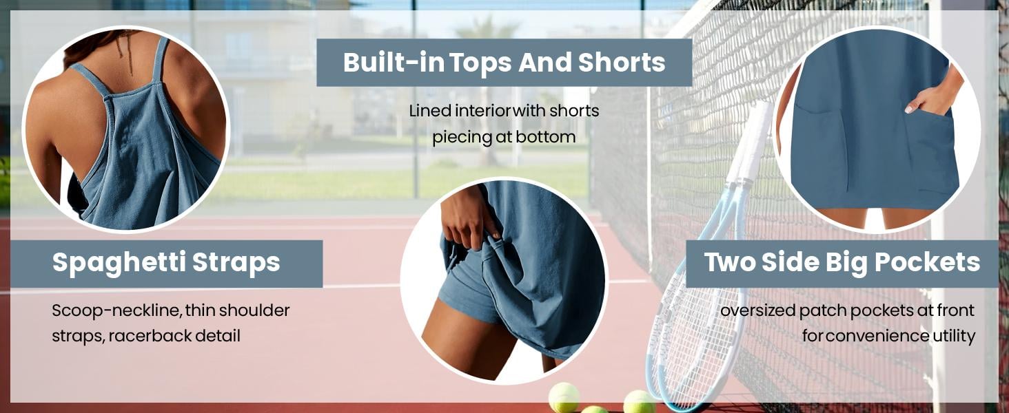 💝💝 Women's Summer Sleeveless Mini Dress with Built-in Shorts V Neck Spaghetti Straps Athletic Shorts Tennis Dress with Pockets