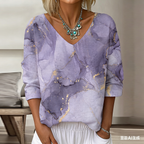 Women's Vintage Marble Art Print Flowy Linen Blend  Three-quarter Sleeve V Neck Linen Tops