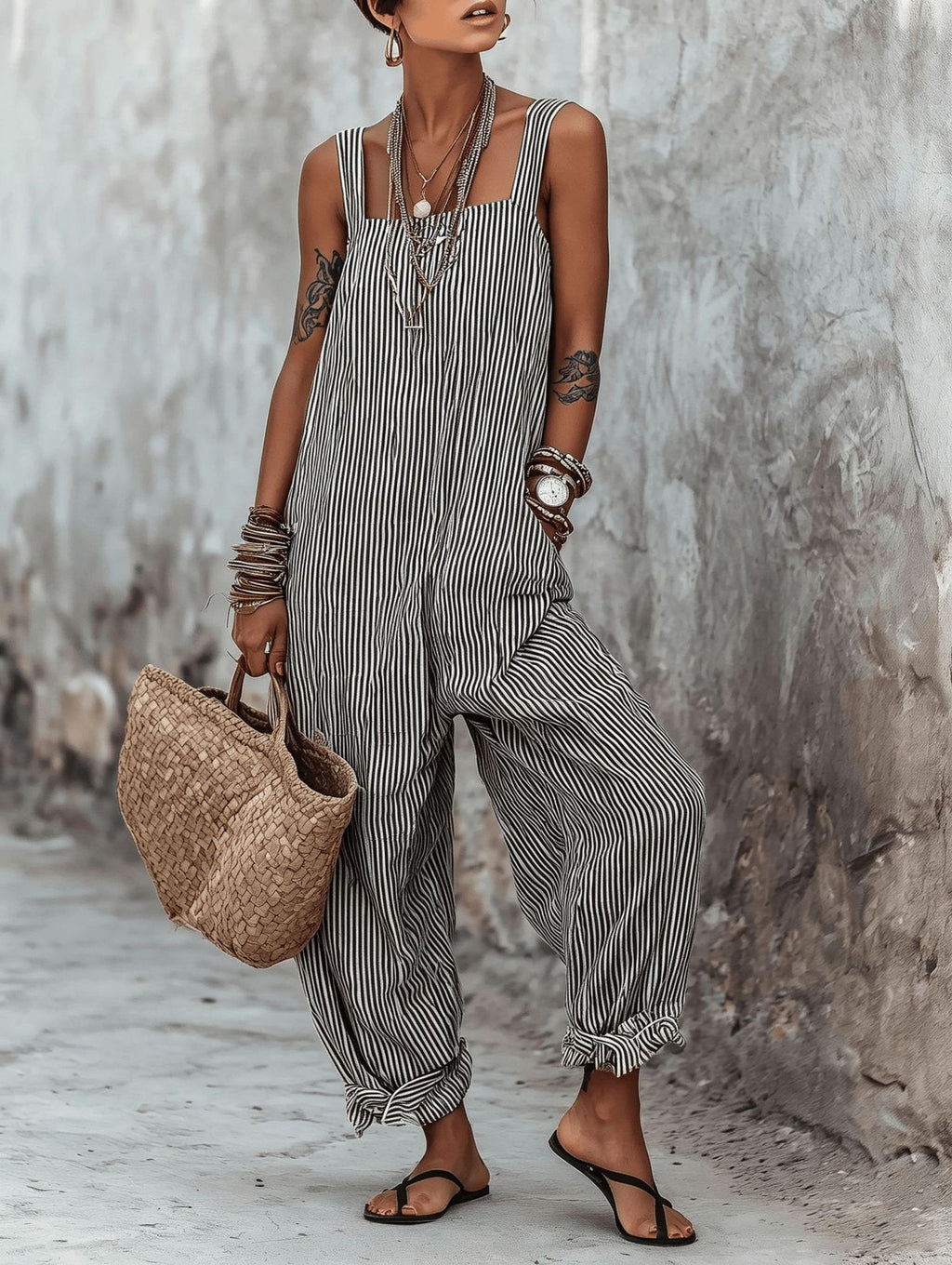 📦📦LAST DAY SAVE 49% ⏰Women's Minimalist Striped Loose-Fit Square-Neck Sleeveless Jumpsuit