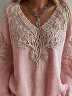 Vintage Pink Tree Of Life V Neck Cozy Knit Sweater