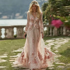 Vintage Boho Floral Embroidered Glitter Flowy Linen Maxi Dress