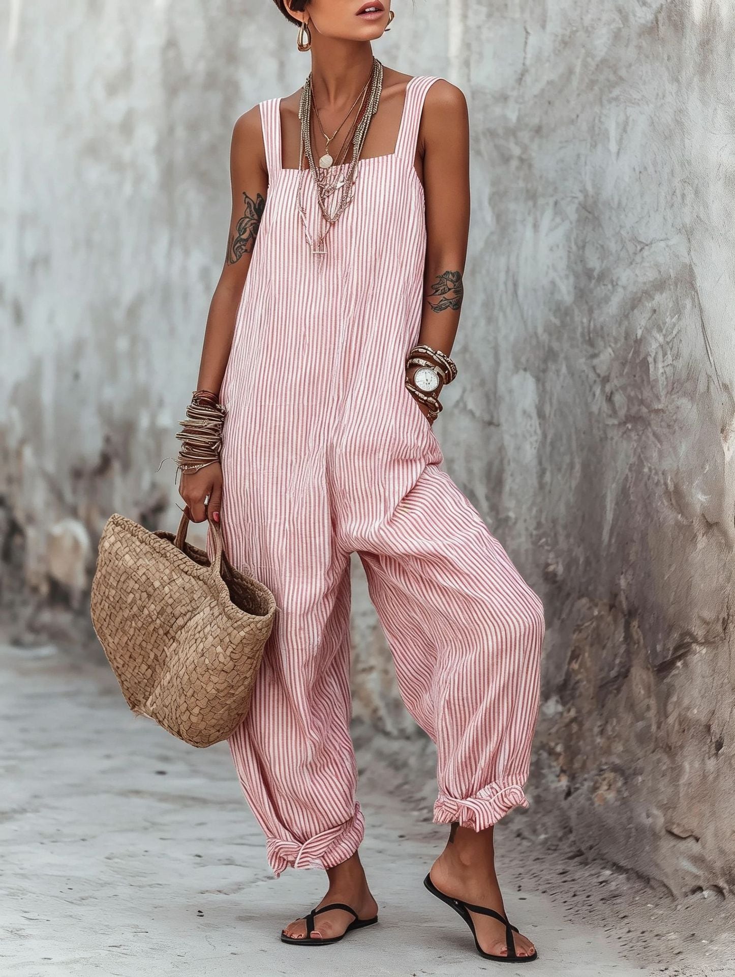 📦📦LAST DAY SAVE 49% ⏰Women's Minimalist Striped Loose-Fit Square-Neck Sleeveless Jumpsuit