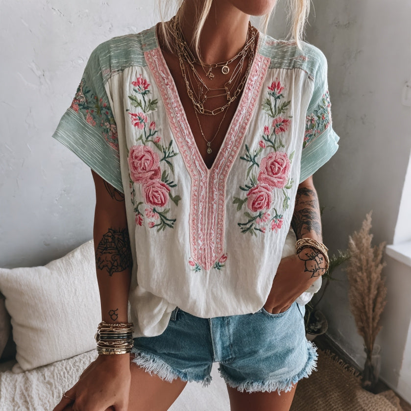Women's Vintage Rose Color Block Cotton Linen V-neck Short Sleeve Top