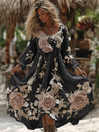 Women's Vintage Romantic White Rose Embroidery Art Comfy Linen Maxi Dress