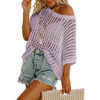 📦📦Short Sleeve Crochet Sweater Lightweight Summer Tops Loose Hollow Out Crewneck Pullover