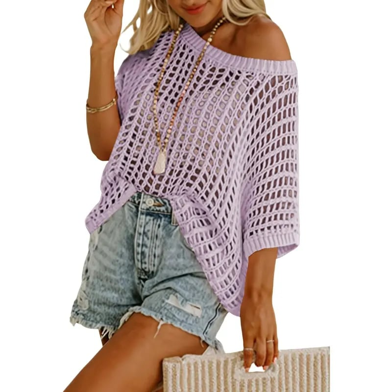 📦📦Short Sleeve Crochet Sweater Lightweight Summer Tops Loose Hollow Out Crewneck Pullover