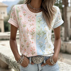 Women's Retro Rose Art Embroidery Color Block Splicing Comfortable Cotton Linen Round Neck Short Sleeve Top