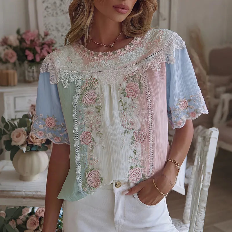 Women's Vintage Boho Floral Patchwork Art Round Neck Short Sleeve T-shirt