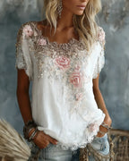 Women's Vintage Rose Floral Art Flowy Linen Blend Casual Tops
