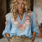 Bohemian Style Pink Rose Black Casual V-neck Long Sleeved Top