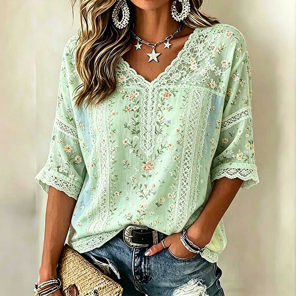 Vintage-inspired Small Floral And Lace Embroidery Patchwork Art Comfortable Linen Blend V-neck Top