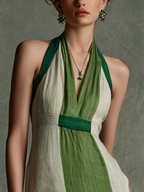 Women's Vacation Style Green And White Color-Block Linen-Cotton Halter V-Neck Waist-Tailored Maxi Dress
