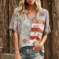 Retro Flag And Rose Embroidery Art V-neck Short Sleeve Top